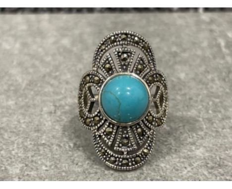 Silver Art Deco style ring. Set with Marcasite and Turquoise panel. Size R