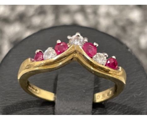 Ladies 9ct gold Ruby and CZ wishbone ring. 2.2g Size K1/2
