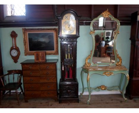 An early 20th century large oak cased Whittington & Westminster chiming longcase clock, the brass and silvered dial bearing A