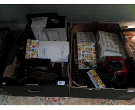 Two boxes containing boxed glass vases, a Yamaha clarinet, a pair of cased French lumiere opera glasses, mantle clocks, an ea