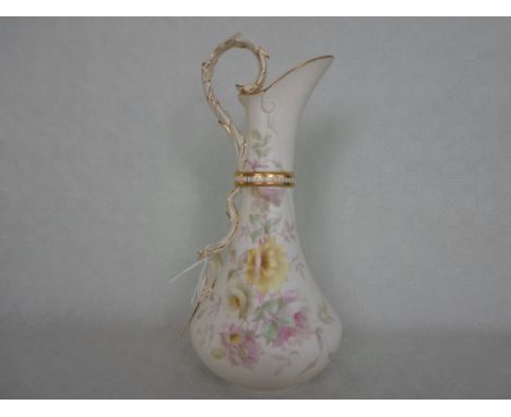 A late 19th century Grainger & Company Worcester Royal China Works ewer, having hand painted floral decoration on an ivory gr