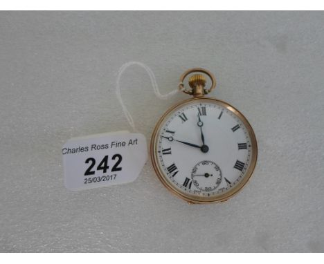 A 9ct gold top wind open faced pocket watch, the enamel dial bearing Roman numerals, subsidiary seconds dial at 6 o'clock, 15