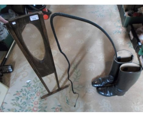 A late 19th century oak and ash boot jack, together with a pair of contemporary lady's riding boots (size 5) and a riding whi