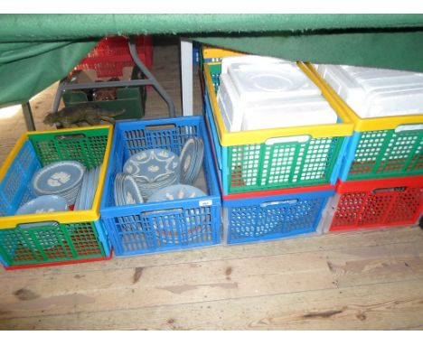 Four boxes containing a large quantity of Wedgwood blue Jasperware collector's and commemorative plates, various sizes.