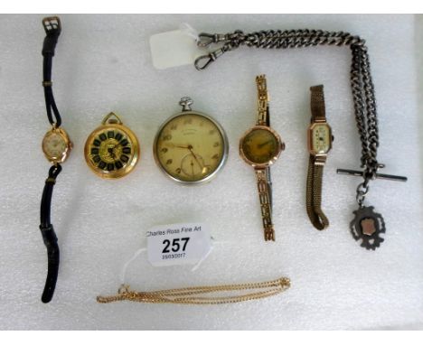 A mixed lot to include: a 9ct gold lady's wristwatch to a gate-link bracelet, together with other yellow metal wristwatches, 