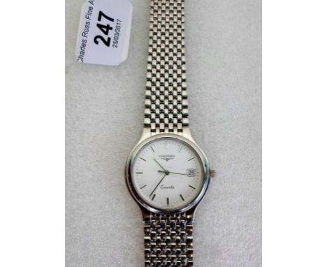 A gentleman's Longines quartz flagship wristwatch, stainless steel case and mesh link bracelet, the enamel dial bearing baton