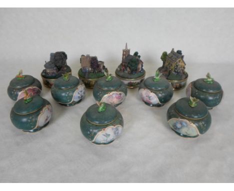 A collection of four Thomas Kinkade Lamp Light Treasures porcelain music boxes, together with eight Lena Liu jewelled Humming