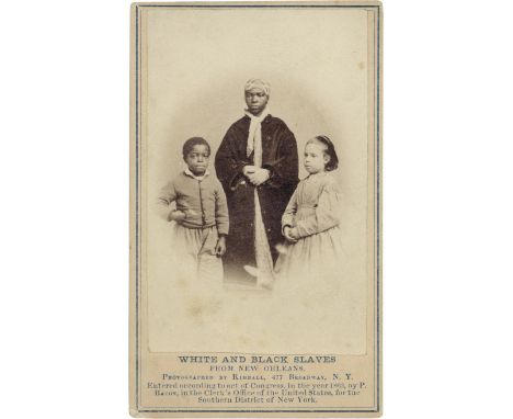 Kimball, Myron H. -- White and black slaves from New Orleans. 1863. Albumen cartes-de-visite. Mounted to board. Title and cap