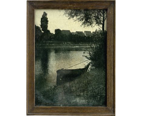 Pictorialism -- Photographer: Erwin Raupp (1863-1931). Houses alongside lake. 1904. Vintage gum bichromate print. Circa 40 x 