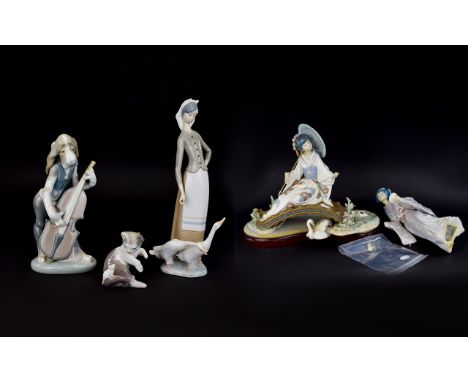 Four Lladro Figures  comprising Hound Dog playing the Cello no 7059 ( damage to top of cello), Lladro girl with geese, no 103