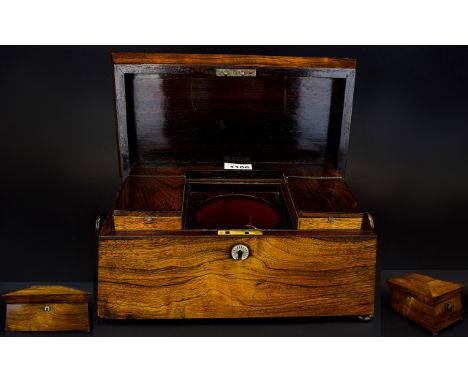 19thC Rosewood Tea Caddy with central aperture for mixing bowl together with two removable lidded compartments. Of sarcophagu