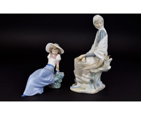 Lladro Hand Painted Figures ( 2 ) Comprises 1/ Young Girl ( Shepherdess ) Sitting on a Tree Stump with Bag and Young Bird Per