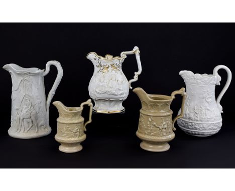 Five Various Moulded Jugs With Exotic Scenes comprising an Alcock white jug showing a camel and rider being handed a drink by