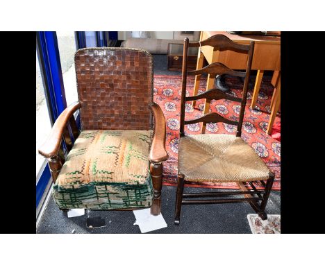 Ladder Back Rocking Chair With Rush Seat, Together With An Ercol Low Armchair, Leather Lattice Work Back With Removable Cushi