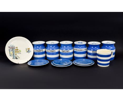 A Collection Of Vintage And Collectable Kitchen Ware And Pottery Comprising of  T Green Cornish Blue/White Stripe Raisins Sto