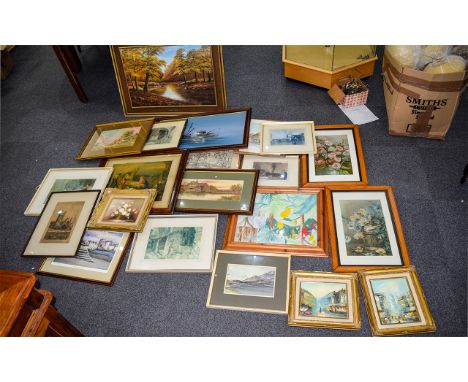 A Large Collection Of Prints And Original Artworks Twentyone items in total to include oil on canvas depicting a trawler, sev