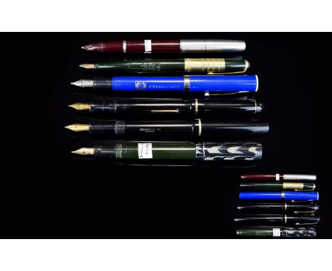 A Good Collection of Early to Mid 20th Century Fountain Pens ( 6 ) Six In Total. Comprises 1/ Burnham No 55 Lever Fill Black 