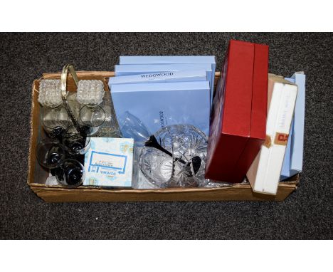 Collection of Assorted Porcelain and Glass to include champagne flutes, Wedgwood boxed plates, glass decanter set and Bohemia