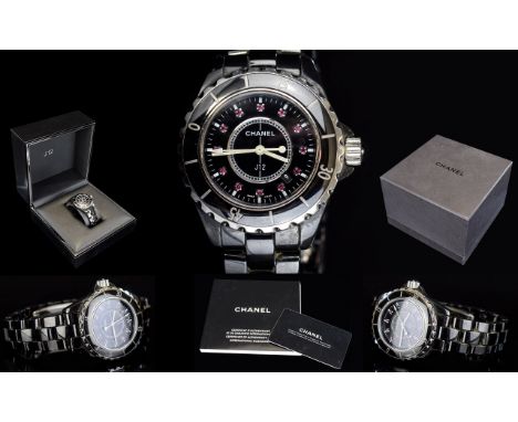 Chanel Paris J12 - Deluxe Limited Edition Black Ceramic Automatic Ladies Wrist Watch, Dial Set with Ruby Markers, Serial Numb