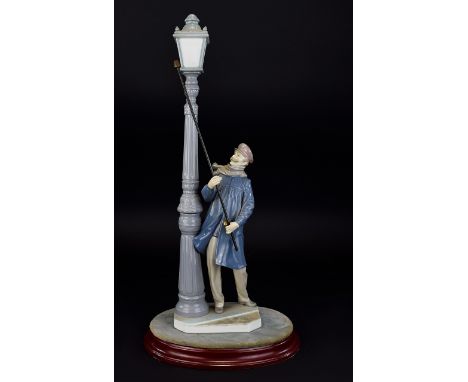 Lladro Tall Hand Painted Porcelain Figure ' Lamp Lighter ' Model No 5205. Sculptor Salvador Furio. Issued 1984, with Oval Sha