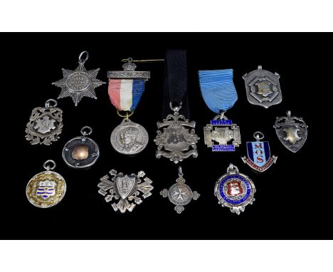 A Very Good Collection of Assorted Antique Silver Fobs / Medals. Some Medals with Enamel Finish. ( 13 ) Fobs / Medals In Tota