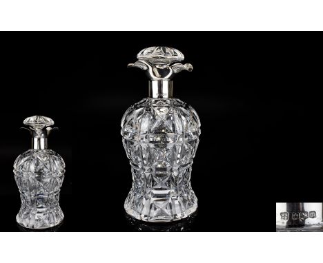 Art Deco Period Silver Collared and Cut Glass Decanter. The Silver Collar of Unusual Shape Decanter of Waisted Form. Hallmark