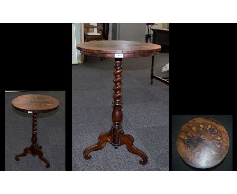 Oak Occasional Table with tripod base and barley twist support with inlaid decoration to top surface.