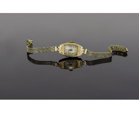 Ladies two Tone 1920's 9ct Gold Watch Attached To A Rolled Gold Mesh Bracelet Swiss movement, 15 jewels, hallmarked London 19