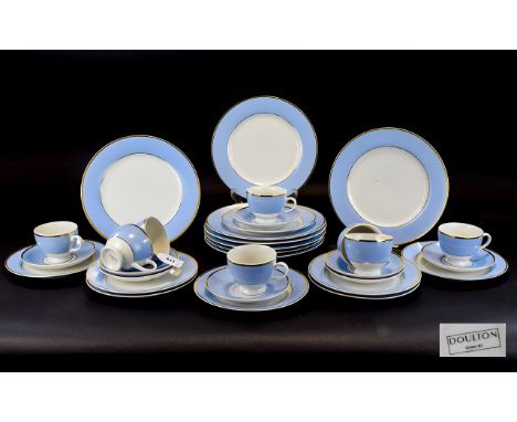 Doulton Modern Part Teaset comprising side plates, cups and saucers and dinner plates. (26) pieces in total. Pale blue and wh