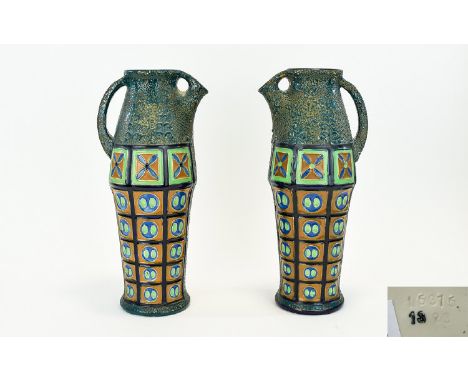 Amphora Pottery Bohemia Pair of Tall Vases / Jugs with Painted Enamel Decoration. c.1910. Impressed Number to Underside 15376