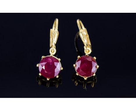 Ruby Solitaire Lever Back Drop Earrings, each round cut solitaire ruby being 2.5cts, claw set in 14ct gold vermeil and silver