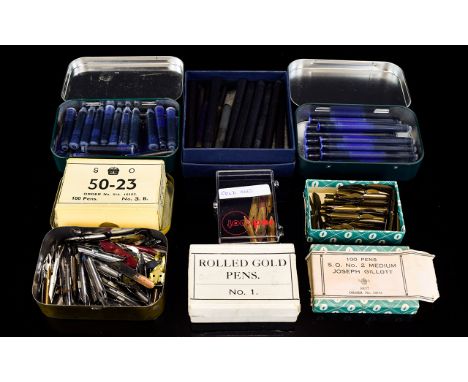 A Collection of Vintage Fountain Pen Nibs and Cartridges. Consists of Seven 14ct Gold Nibs ( Fountain Pens ) Marked 14ct, Box