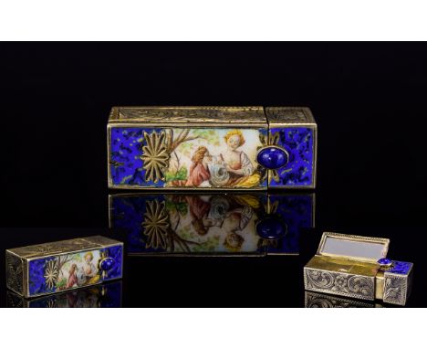 Austrian Late 19th Century Nice Quality - Rectangular Shaped Silver Gilt and Enamel Hinged Lipstick Holder with Mirror. The F