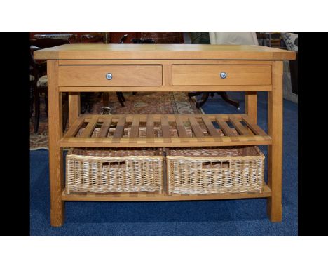 A Contemporary Solid Oak Console Table/Storage Unit Rectangular unit with ladder shelf stretcher and two woven storage basket