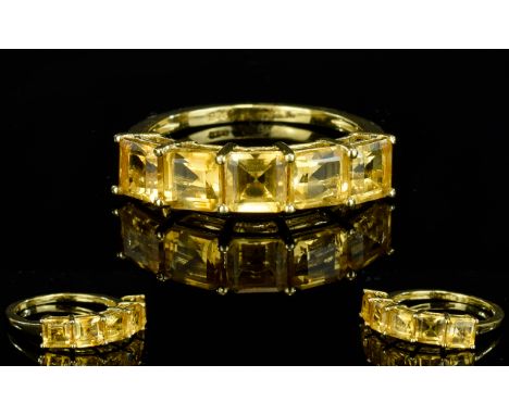 Citrine Five Stone Band Ring, five square cut matching citrines totalling 2.5cts, set in 14ct gold vermeil and silver, in a s