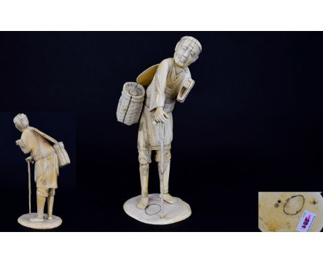 Japanese 19th Century Large and Signed Okimono Carved Ivory Figure of an Old Man with Stoop, Supported by His Walking Stick, 