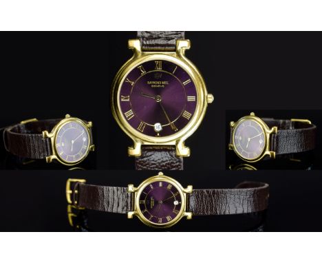 Raymond Weil Ladies - 18ct Gold Plated Date-Just Quartz Ultra Thin Wrist Watch. c.1990's. With Attached Leather Strap - Origi