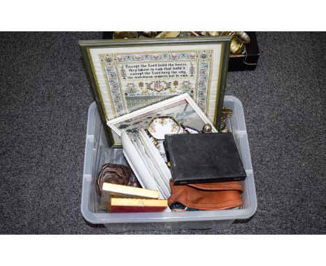 A Box Of Assorted Collectables Including Oriental Figure And Plate, Oil Lamp, A Sampler Dated 1933 etc