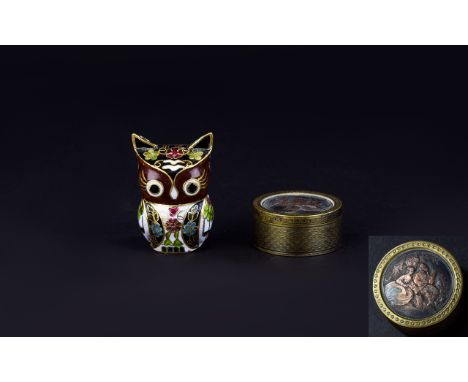 A Fine Quality Cloisonne / Enamel Owl Figure. Stands 2 Inches High + An Antique Circular Engine Turned Brass Pill Box, The Ce