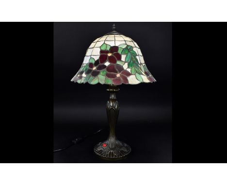 Tiffany Style Table Lamp. Leaded Shade & Base Modelled In The Form Of A Tree. Height 24 Inches