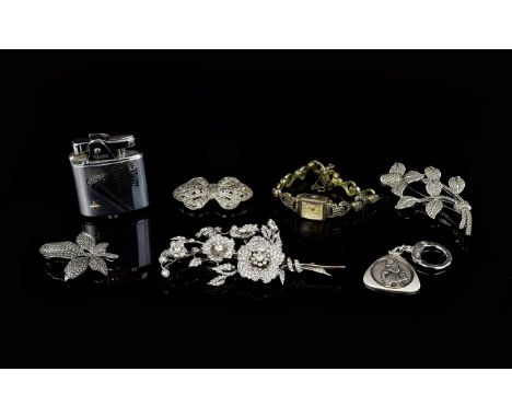 A Collection Of Marcasite And Crystal Set Costume Jewellery Seven items in total to include Art Deco dress watch with silver 