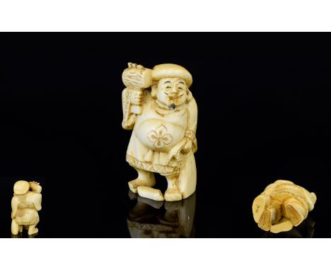 Japanese Late 19th Century Signed And Excellent Quality Small Carved Ivory Figure of ' Daikoku ' Japanese God of The Earth an