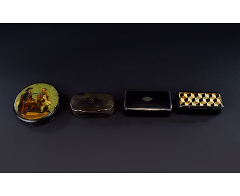 A Collection of Late 18th / Early 19th Century Lidded Georgian Patch and Snuff Boxes, In Paper Mache and Horn of Rectangular 