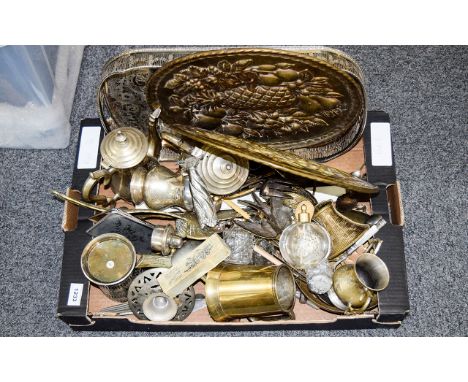 A Box Of Assorted Metal Ware And Brass Ware including a Silver Plated tray, Eagle figure Flatware, Part Tea Service Tankard e