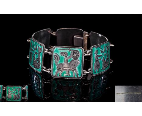 A Vintage David Andersen Norway Sterling Silver And Enamel Bracelet A rare 'Fairytale' bracelet in sterling silver and sea gr