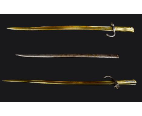 French 1866 Chassepot Sword Bayonet and Scabbard. Tulle 1873. Marked to hilt F38310. Stamped to Top of Blade - M. Blade Size 
