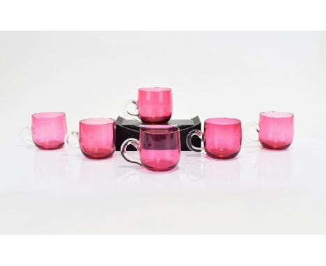 A Set of Six Vintage Cranberry Glass Cups with Handles. All In Mint Condition. 