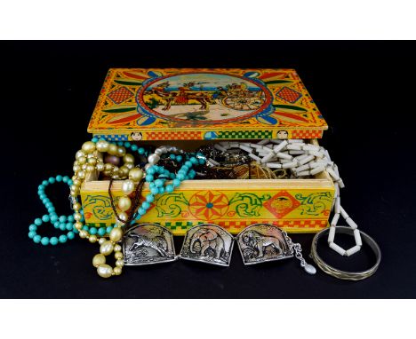 A Collection Of Mixed Costume Jewellery In Vintage Painted Wooden Box A varied collection to include long silver tone and bla