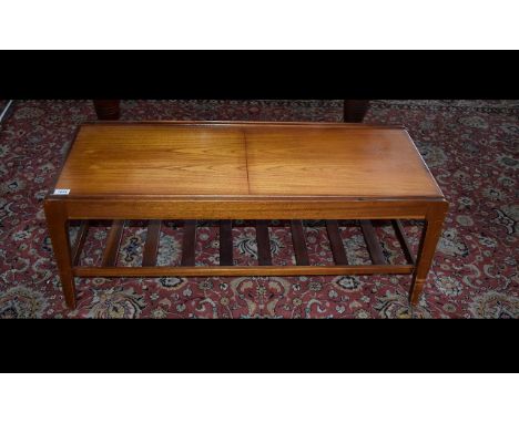 Mid To Late 20thC Teak Coffee Table, Cantilever Sliding Top, With Central Tile Insert, Slat Stretcher To Base