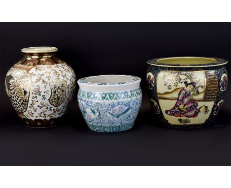 Three Various Oriental Pots Of Various Sizes. Comprising of a planter decorated with a Japanese Geisha Scene, a smaller Jardi